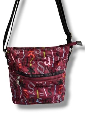 CARPISA Italy Nylon Crossbody Bag Burgundy Typography Graphic Print Travel Purse